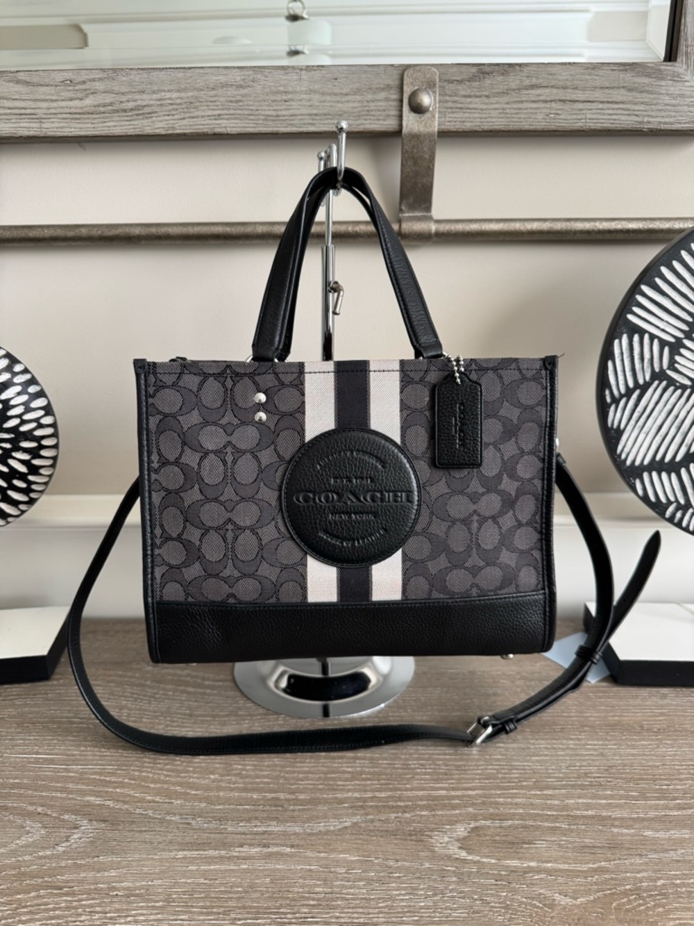 Coach Dempsey carryall in signature jacquard with stripe and patch